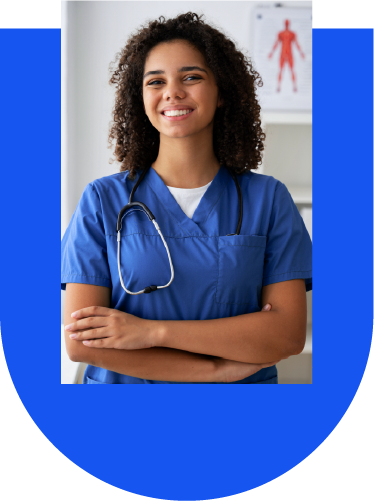 Certified Nursing Assistant in CNA school crossing arms and doing CNA training